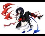  :&lt; asymmetrical_wings black_hair black_legwear blue_nails boots dress full_body highres houjuu_nue nail_polish panties pantyshot pointy_ears polearm red_eyes shinoi short_hair simple_background snake solo thighhighs touhou trident underwear weapon wings 