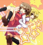  back-to-back blonde_hair brown_eyes brown_hair carrying hidamari_sketch long_hair miyako multiple_girls one_eye_closed school_uniform short_hair yume_no_owari yuno 