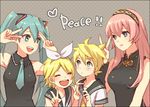  3girls aqua_eyes aqua_hair blonde_hair blue_eyes hair_ribbon hairband harumi_chihiro hatsune_miku kagamine_len kagamine_rin long_hair megurine_luka multiple_girls necktie pink_hair ribbon short_hair smile v vocaloid 