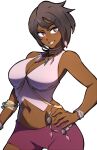  1girl breasts brown_eyes brown_hair dark-skinned_female dark_skin diamond_earrings diamond_necklace earrings hand_on_own_hip highres jewelry looking_at_viewer midriff olivia_(pokemon) pink_shirt pokemon pokemon_sm purple_shorts rock shirt shorts thatamaan z-ring 