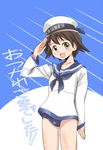  brown_eyes brown_hair hat highres miyafuji_yoshika sailor salute school_swimsuit short_hair solo strike_witches swimsuit swimsuit_under_clothes vt world_witches_series 