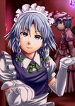  blue_eyes blue_hair braid earrings elbow_gloves gloves izayoi_sakuya jewelry maid maid_headdress multiple_girls remilia_scarlet silver_hair touhou twin_braids yuuki_maya 