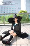  ari_(model) cape cosplay hat highres kneehighs nagato_yuki photo sailor sailor_uniform school_uniform serafuku suzumiya_haruhi_no_yuuutsu wand witch_hat 