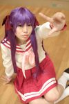  cosplay footwear hair_ribbon hair_ribbons highres hiiragi_kagami lucky_star naito photo purple_hair ribbon sailor sailor_uniform school_uniform serafuku socks twintails 