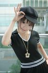  1girl asian bling brown_eyes brown_hair crown female hat highres jewelry kipi-san necklace photo ring short_hair smile solo 