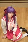  cosplay footwear hair_ribbon hair_ribbons highres hiiragi_kagami lucky_star naito photo purple_hair ribbon sailor sailor_uniform school_uniform serafuku socks twintails 