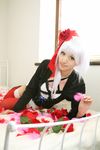  bow cosplay flower garters hair_bow hairbow highres lace meidi photo rose saya saya_(cosplayer) silver_hair thigh-highs thighhighs 