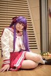  cosplay footwear hair_ribbon hair_ribbons highres hiiragi_kagami lucky_star naito photo purple_hair ribbon sailor sailor_uniform school_uniform serafuku socks twintails 