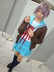  book cardigan cosplay glasses kneehighs nagato_yuki photo sailor sailor_uniform school_uniform serafuku silver_hair suzumiya_haruhi_no_yuuutsu tamaki_shuri 