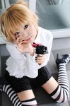  amane_misa cosplay cuffs death_note flower handcuffs photo rose school_uniform serafuku striped taku_anko thigh-highs thighhighs twintails 