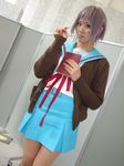  book cardigan cosplay glasses kneehighs nagato_yuki photo sailor sailor_uniform school_uniform serafuku silver_hair suzumiya_haruhi_no_yuuutsu tamaki_shuri 