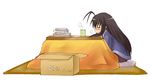  =3 antenna_hair black_hair box comiket cup cushion glasses kasuga_yukihito kotatsu mahou_sensei_negima! saotome_haruna simple_background solo table white_background yunomi zabuton 