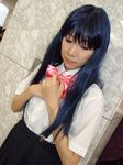  aotsuki_riku blue_hair cosplay furude_rika higurashi_no_naku_koro_ni photo school_uniform serafuku suspenders 