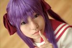  cosplay footwear hair_ribbon hair_ribbons hiiragi_kagami lucky_star naito photo purple_hair ribbon sailor sailor_uniform school_uniform serafuku socks twintails 