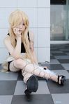  1girl apron ban benten blonde_hair cigarette cosplay fan high_heels miniskirt photo sandals sarasvati shoes skirt solo zone-00 