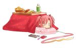  bottle cellphone chibi food fruit kasuga_yukihito kotatsu mahou_sensei_negima! mandarin_orange phone pillow sasaki_makie simple_background solo table white_background |_| 