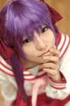  cosplay footwear hair_ribbon hair_ribbons highres hiiragi_kagami lucky_star naito photo purple_hair ribbon sailor sailor_uniform school_uniform serafuku socks twintails 