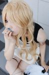  1girl apron ban benten blonde_hair cigarette cosplay fan miniskirt photo sarasvati skirt solo zone-00 