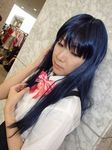  aotsuki_riku blue_hair cosplay furude_rika higurashi_no_naku_koro_ni photo school_uniform serafuku suspenders 