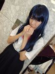  aotsuki_riku blue_hair cosplay furude_rika higurashi_no_naku_koro_ni photo school_uniform serafuku suspenders 