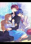  2boys blazer blue_hair brown_hair bruise green_eyes injury jacket long_hair mawaru_penguindrum multiple_boys red_hair school_uniform scratches short_hair siblings sleeping takakura_himari takakura_kanba takakura_shouma v yuzuru86 