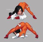  1girl arched_back arm_rest ass black_hair bodysuit breasts brown_eyes burmecian cameltoe cleavage covered_navel final_fantasy final_fantasy_ix flexible garnet_til_alexandros_xvii gloves hands_on_ground highres jack-o&#039;_challenge lace-up_top long_hair long_sleeves looking_at_viewer looking_back maruyama_rui medium_breasts orange_bodysuit smile solo spread_legs stretching top-down_bottom-up wide_spread_legs 