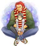  beard black_eyes black_hair casual coat denim facial_hair fate/zero fate_(series) jeans male_focus multiple_boys pants red_hair rider_(fate/zero) sandals scarf shoes sneakers snowman striped striped_scarf waver_velvet yoshii_kyoko 