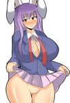  animal_ears bad_id bad_pixiv_id blush breasts bunny_ears huge_breasts long_hair musuka_(muska) no_panties purple_hair red_eyes reisen_udongein_inaba skirt skirt_lift solo touhou 