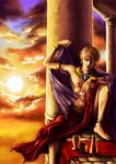  armlet bad_id bad_pixiv_id barefoot bracelet cloak column fate/zero fate_(series) gilgamesh goblet highres jewelry la_la_la_la male_focus pillar realistic red_eyes robe solo sunset 