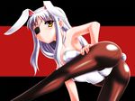  animal_ears ass bunny_ears bunny_girl bunnysuit cinque_(nanoha) eyepatch hakkai highres long_hair lyrical_nanoha mahou_shoujo_lyrical_nanoha_strikers numbers_(nanoha) pantyhose silver_hair solo yellow_eyes 