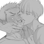  2boys bara biting blush cheek_biting cheek_press facial_hair goatee_stubble greyscale hibino_kafka hoshina_soshiro kagi_art kaijuu_no._8 male_focus monochrome multiple_boys portrait short_hair spiked_hair stubble tsurime upper_body yaoi 