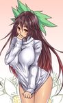  blush bottomless bow breasts brown_hair covering_mouth hair_bow hand_over_own_mouth houtengeki huge_breasts long_hair looking_at_viewer naked_sweater no_pants red_eyes reiuji_utsuho ribbed_sweater shirt_tug solo sweater thighs touhou very_long_hair 