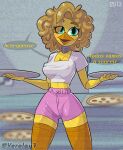 animatronic anthro avian bird blonde_hair bottomwear chica_(fnaf) chicken clothed clothing curled_hair digital_drawing_(artwork) digital_media_(artwork) female five_nights_at_freddy&#039;s five_nights_at_freddy&#039;s_2 food galliform gallus_(genus) hair hi_res hotpants legwear looking_at_viewer machine minishorts nipple_outline orange_clothing orange_legwear orange_stockings phasianid pink_bottomwear pink_clothing pink_shorts pizza robot scottgames shorts solo spanish_text stockings text translation_request white_blouse withered_chica_(fnaf) yellow_body yerolay