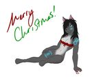  black_hair blue_eyes candy candy_cane canine christmas english_text female hair hair_over_eye holidays mammal ribbons solo tattoo text wolf xmas 