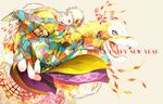  2012 blonde_hair boots colorful dragon fan flower folding_fan fumiko_(throughx2) hair_ornament japanese_clothes kanzashi kimono new_year obi original sash short_hair smile solo yellow_eyes 