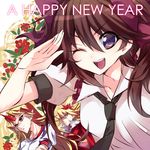  ;d aki_shizuha bad_id bad_pixiv_id banned_artist blonde_hair brown_eyes brown_hair dress frown hair_ornament happy_new_year highres himekaidou_hatate horn hoshiguma_yuugi leaf leaf_on_head long_hair maple_leaf multiple_girls necktie new_year one_eye_closed open_mouth parody pointy_ears purple_eyes red_eyes salute shirt short_hair smile star style_parody suisen t-shirt touhou twintails upper_body white_shirt yellow_eyes yuu-gi-ou yuu-gi-ou_5d's yuu-gi-ou_duel_monsters 