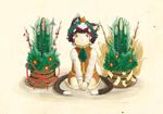  animal_ears bamboo brown_eyes brown_hair cat_ears cat_tail chen child food fruit highres kadomatsu mandarin_orange multiple_tails new_year object_on_head ocancan_dancing_school sitting smile solo tail touhou v_arms wariza 