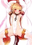  1girl :d absurdres andira_(granblue_fantasy) armpits arms_behind_head ass blonde_hair breasts cameltoe covered_navel detached_sleeves fur_trim gluteal_fold granblue_fantasy hairband harigane_shinshi heart heart-shaped_pupils highres looking_at_viewer nipples open_mouth pussy_juice red_eyes revealing_clothes short_hair small_breasts smile solo spread_legs sweat symbol-shaped_pupils thighhighs two_side_up white_legwear 