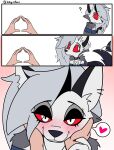 4_fingers absurd_res anthro black_nose blush canid canid_demon canine clothing collar comic crop_top demon disembodied_hand duo eyeshadow female fingers fur gesture grey_hair hair hand_heart hand_on_hand hand_on_wrist heart_symbol hellhound helluva_boss hi_res humanoid_hands icey_(artist) loona_(helluva_boss) makeup mammal meme mythological_canine mythological_creature mythology notched_ear petting question_mark red_eyes shirt simple_background smile spiked_collar spikes tail tail_motion tailwag topwear white_background white_body white_fur