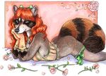  bottomless bow caribou_(artist) clothed clothing female flower garter glove green_eyes hair half-dressed mammal on_stomach orange_hair raccoon red_hair sara_palmer solo thigh_band 