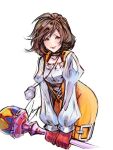  1girl absurdres atelier_saya black_choker bodysuit breasts brown_eyes brown_hair choker closed_mouth cowboy_shot cropped_legs crystal final_fantasy final_fantasy_ix garnet_til_alexandros_xvii gloves highres holding holding_staff jewelry juliet_sleeves leaning_forward long_sleeves looking_at_viewer medium_breasts medium_hair orange_bodysuit pendant puffy_long_sleeves puffy_sleeves red_gloves shirt signature smile solo staff swept_bangs v_arms white_background white_shirt 