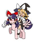  animalization blonde_hair brown_eyes cutie_mark gohei hakurei_reimu hat kirisame_marisa long_hair looking_at_viewer lowres mouth_hold my_little_pony my_little_pony_friendship_is_magic one_eye_closed open_mouth parody pegasus pony red_eyes riding simple_background smile touhou white_background witch_hat yin_yang zassou_maruko 
