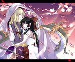  ascot bare_shoulders black_hair blonde_hair bow couple detached_sleeves dragon hair_bow hair_tubes hakurei_reimu letterboxed long_hair multiple_girls no_hat no_headwear petals purple_eyes red_eyes ribbon toudou_(dolce) touhou yakumo_yukari yuri 