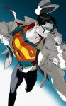  1boy belt black_belt black_hair black_pants blue_bodysuit blue_eyes bodysuit bodysuit_under_clothes clark_kent coat dc_comics glasses grey_coat hat highres large_pectorals male_focus muscular muscular_male open_clothes open_coat pants pectorals short_hair solo superman superman_(series) undressing white-corner 