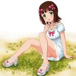  amami_haruka brown_hair choker dress feet green_eyes hair_ribbon high_heels idolmaster idolmaster_(classic) jewelry lace nattsu_(pegimin) necklace open_mouth pendant ribbon sandals shoes short_hair sitting solo toenails toes 