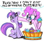  2011 angry bucket container cupcake cutie_mark dialogue duo earth_pony english_text equid equine female feral food friendship_is_magic fur hair hasbro horn horse kabuki_homewood mammal multicolored_hair my_little_pony mythological_creature mythological_equine mythology pinkie_pie_(mlp) pony purple_body purple_fur purple_hair quadruped simple_background tail text twilight_sparkle_(mlp) two_tone_hair unicorn white_background 