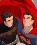 2boys batman batman_(series) batman_symbol belt black_cape black_hair blue_eyes brown_hair cape closed_mouth commentary dc_comics forked_eyebrows highres hydra_839 looking_at_viewer male_focus multiple_boys one_eye_closed red_cape side-by-side smile superhero_costume superman superman_(series) superman_logo upper_body yellow_belt 