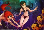  barefoot bikini black_hair blue_eyes bubble diving fish freediving green_eyes hair_ornament hairclip long_hair multiple_girls ocean open_mouth original ponytail red_hair sam_gelua seaweed smile swimming swimsuit underwater water 