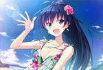  black_hair blue_eyes breasts cleavage cloud day earrings eyebrows_visible_through_hair fang flower ganaha_hibiki hair_flower hair_ornament hibiscus idolmaster idolmaster_(classic) jewelry long_hair medium_breasts necklace nekota_chihiro open_mouth outdoors ponytail sky solo upper_body waving 