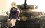  3d backlighting belt blonde_hair blue_eyes caterpillar_tracks copyright_request ground_vehicle headphones iron_cross lens_flare long_hair medal military military_uniform military_vehicle motor_vehicle necktie panzerkampfwagen_iv pleated_skirt skirt solo sousei_ou tank throat_microphone uniform world_war_ii 